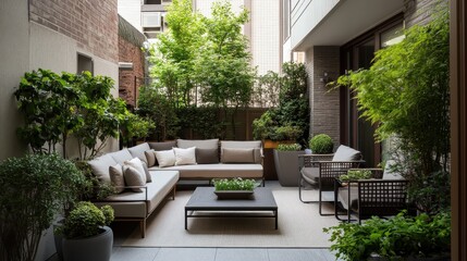 Elegant outdoor lounge area features comfortable seating and lush greenery