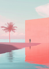 Fototapeta premium A surreal scene with a lone figure beside a pastel coral wall and palm tree, reflecting still waters and a dreamy horizon.