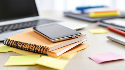 Office desk with laptop, smartphone, spiral notebooks, pens and sticky notes suggesting a busy and productive work environment