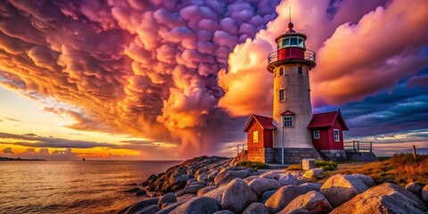 Dramatic Mammatus Cloudscape Over Red Lighthouse - Stunning Coastal Scene