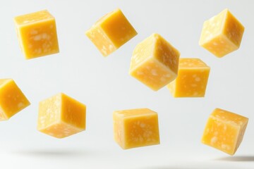 A bunch of cubes of cheese flying through the air, perfect for food related or whimsical illustrations