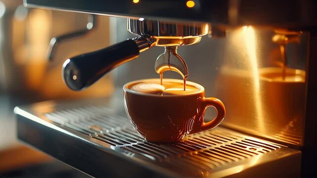 Espresso coffee being dispensed from a professional bar machine onto a cappuccino cup, with heart shaped and cozy milk art, warm light, slow motion camera rotation