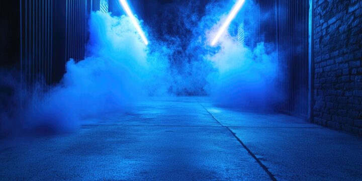 A dark and ominous alley with blue smoke billowing from unknown sources