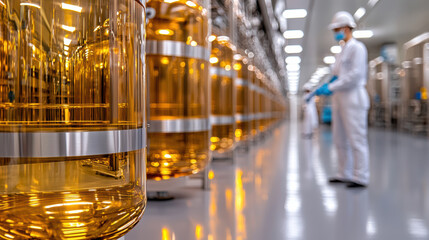 Scientists in white suits navigate a high-tech laboratory with glass canisters filled with gleaming gold oil, embodying precision and innovation.