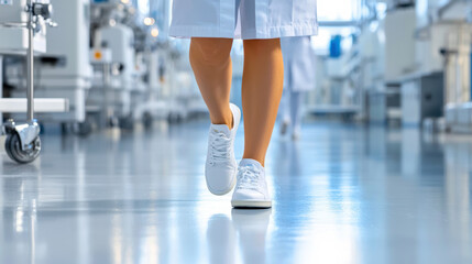 Naklejka premium A person in white sneakers walks confidently down a polished, sterile laboratory hallway, their steps echoing against the sleek surfaces.