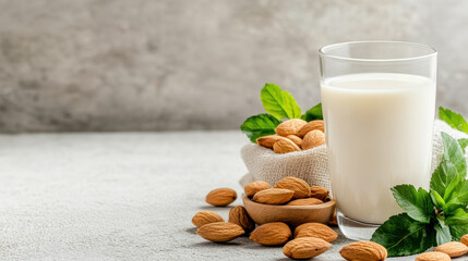 Almond milk in a glass surrounded by fresh almonds, a sprig of mint adds a refreshing, natural touch.