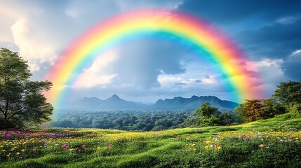 Naklejka premium Rainbow Arcing Over Lush Field and Mountain Range