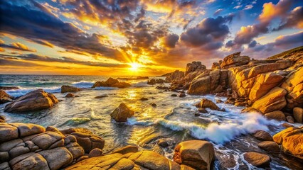 Obraz premium Dramatic Rocky Coastline Landscape at Sunrise, High-Resolution Stock Photo