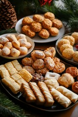 Fototapeta premium Holiday cookies assortment on a platter surrounded by festive evergreens