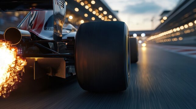 A race car is speeding down a track with a fire coming out of the back