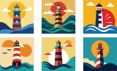 a vector desing lighthouse standing tall with waves crashing und