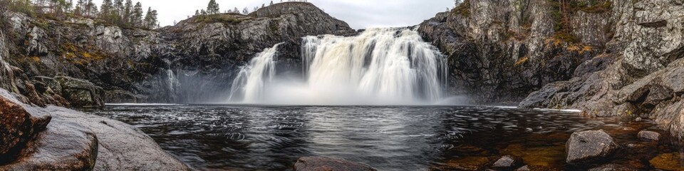 Obraz premium A scenic photo of a waterfall surrounded by rocks and greenery, perfect for use in outdoor adventure or nature-themed projects