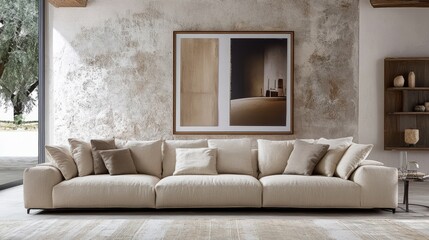 Fototapeta premium Large comfortable sectional sofa with decorative pillows displayed nicely