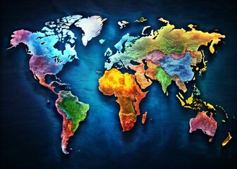Dramatic World Map, Illuminated Geographic Features, Dark Background, Left Copy Space