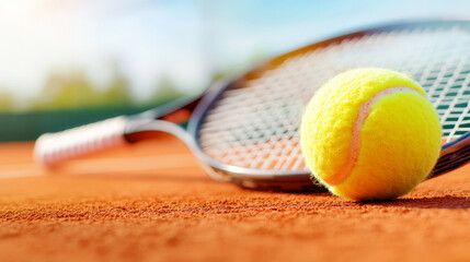 Tennis ball lying on clay court, blurred racket background, warm sunlight highlighting sport's minimalist beauty