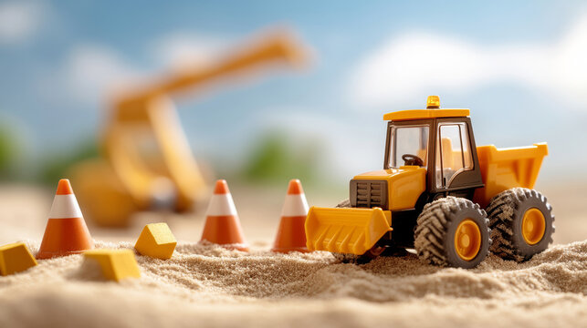Toy construction vehicles, including a bulldozer and crane, working on a sandbox with miniature construction props