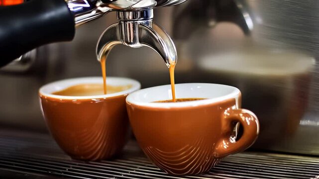 A barista espresso machine slowly dispenses a generous amount of creamy coffee into two brown cups that fill up as the camera slowly pans around