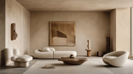 Modern minimalist living room with neutral tones and abstract art