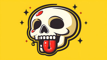 Cartoon skull with tongue out, yellow background, playful design, ideal for Halloween or pop culture projects