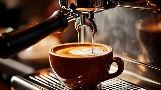 Creamy arabica coffee is slowly percolated from a barista espresso machine, filling a cappuccino cup with an heart of milk art, as the camera moves sideways