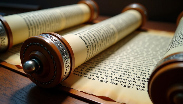 Open Torah scroll with Hebrew script on a table
