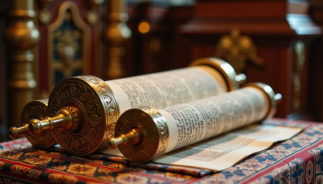 Open Torah scroll with Hebrew script on a table