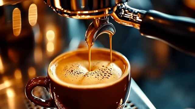 A brown coffee cup is slowly filled with a thick espresso cream, creating a rich, delicious foam, while the camera rotates slightly