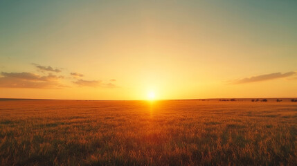 Scenic view of golden sunset over African savanna with scattered acacia trees and crop fields, creating a warm and serene atmosphere