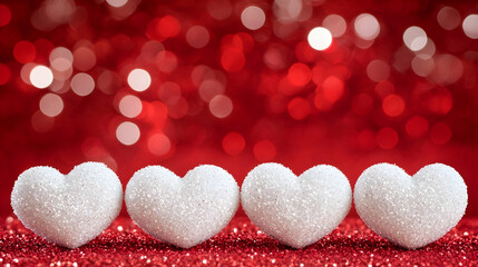 Fototapeta premium Four white glitter hearts on red sparkling background; Valentine's Day card design