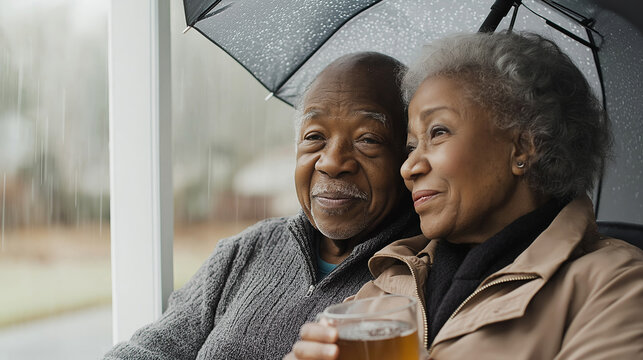Senior african american couple relaxing on porch swing, sharing a drink and watching rain fall on a cozy afternoon