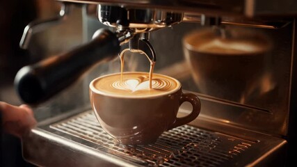 A stage in the preparation of a cappuccino, the creamy coffee is dispensed from a bar coffee machine, releasing a cloud of steam, cappuccino with a milk art heart, the camera slowly approaches