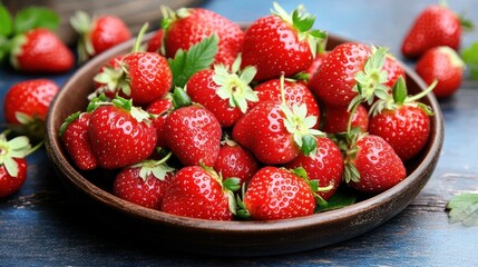 Fresh and Juicy Strawberries in a Bowl on a Rustic Wooden Table