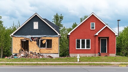 Obraz premium Home insurance property and earthquake, A divided image shows a dilapidated house on the left and a newly renovated one on the right, highlighting the contrast between decay and restoration.