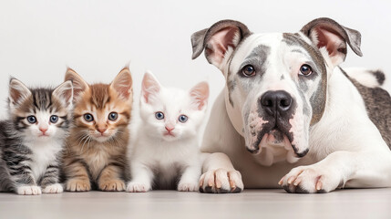 Obraz premium Large dog resting on floor with three tiny kittens sitting nearby, illustrating gentle companionship between contrasting animal sizes