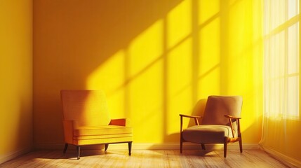 Two armchairs are situated in a sunlit yellow room