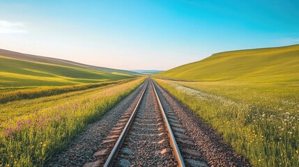 Obraz premium A journey through rolling green hills, with wildflowers blooming alongside the railway tracks under a clear blue sky.