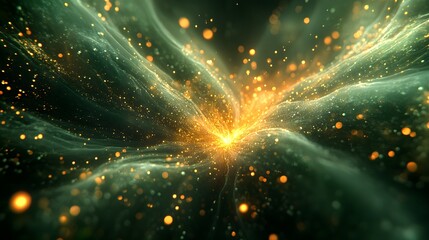 A Captivating Abstract Representation with a Black Background Surrounded by Radiant Green and Gold Bursts Featuring Intricate Patterns for Modern High-Tech Visuals