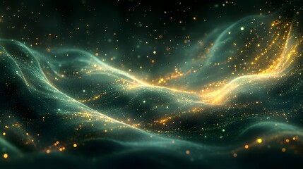 Fototapeta premium A Striking Abstract Black Backdrop with Glowing Green and Gold Bursts Intertwined with Detailed Patterns for Innovative Digital Art and Design