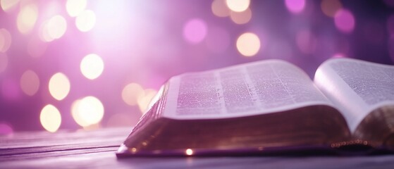 Open book, purple bokeh background, faith