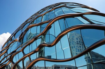 Futuristic modern abstract architecture office building design with flowing shapes and vibrant colors in an urban setting during daylight.