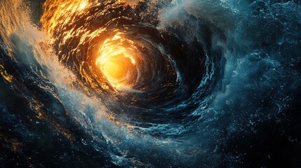 A maze of swirling water pathways with glowing currents, choices leading to a bright horizon or dark whirlpools, fluid and dynamic 