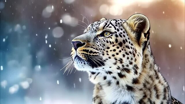 A close-up of a leopard's head, showcasing its distinctive spots and expressions against a blurred, snowy background.