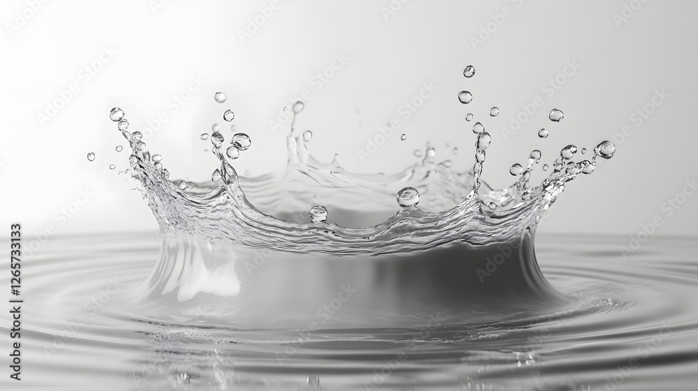 Poster Closeup of splashing water droplets forming an abstract liquid sculpture with dynamic patterns and ripples on a calm clear surface in a tranquil monochrome setting  The image captures the motion
