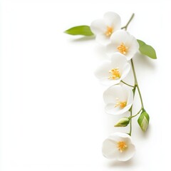 Fototapeta premium White flower branch with green leaves on a white isolated background.