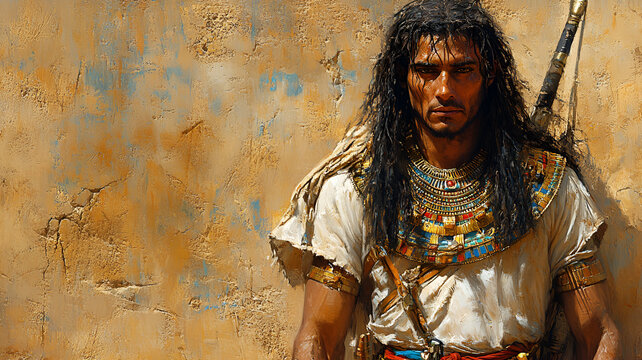 Ancient Egyptian warrior with khopesh sword, adorned in jewelry, standing confidently