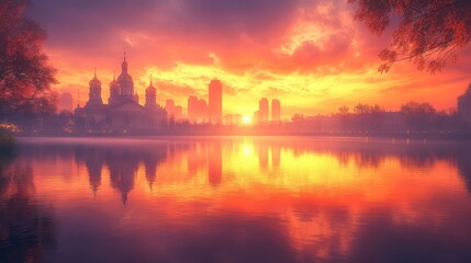 Autumnal sunrise over cityscape reflected in lake