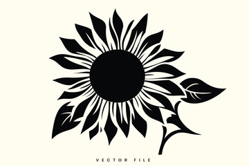 Obraz premium Black and White Sunflower Floral Vector Illustration with Petals and Leaves, Featuring a Decorative Spring and Summer Design