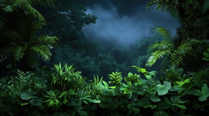 A lush green jungle with a cloudy sky in the background