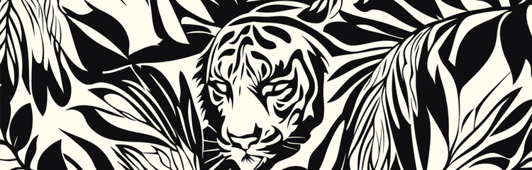 Zebra Skin Pattern Seamless Design with Wild Animal Motifs, Including Tiger, Lion, and Feline Elements, in A Tribal and Bold Illustration Style.