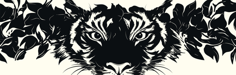 Zebra Skin Pattern Seamless Design with Wild Animal Motifs, Including Tiger, Lion, and Feline Elements, in A Tribal and Bold Illustration Style.